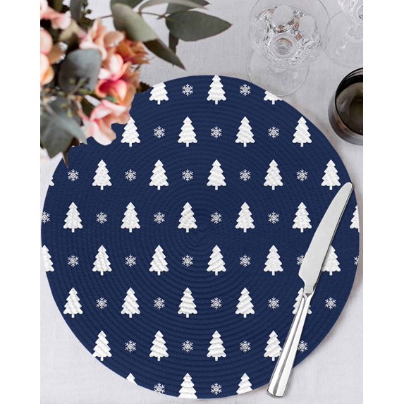 13 Inch Round Placemats Set of 4, Christmas Navy Blue Non Slip Heat Insulation PP Table Mats, Winter Snowflakes Modern Xmas Trees Washable Place Mats for Kitchen Dining Party Table Decor