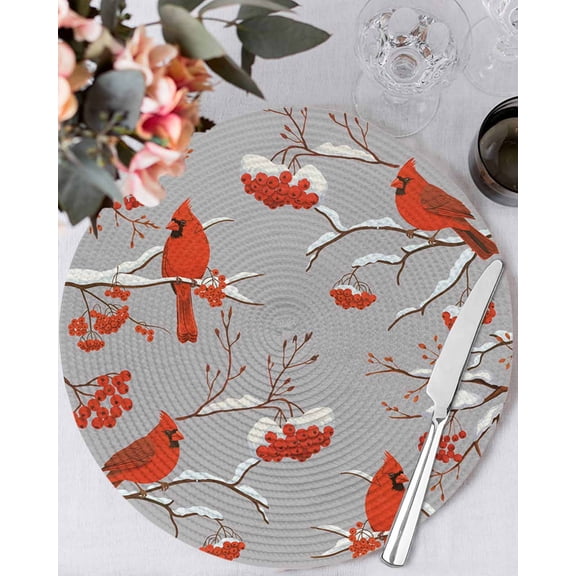 13 Inch Round Placemats Set of 4, Christmas Non Slip Heat Insulation PP Table Mats, Red Cardinal Birds on Branch Berries Grey Washable Place Mats for Kitchen Dining Party Table Decor