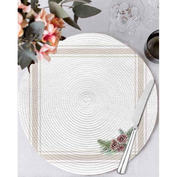 13 Inch Round Placemats Set of 4, Christmas Non Slip Heat Insulation PP Table Mats, Simple Winter Xmas Pine Cone Branches Striped Washable Place Mats for Kitchen Dining Party Table Decor