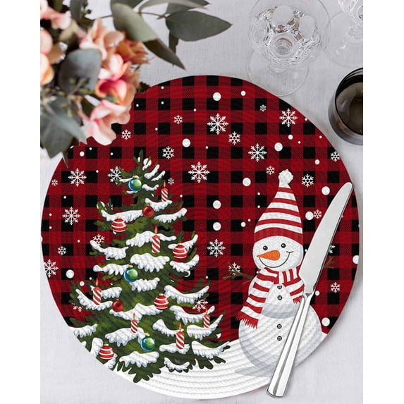 13 Inch Round Placemats Set of 4, Christmas Non Slip Heat Insulation PP Table Mats, Snowman Tree Snowy Red Black Buffalo Plaid Washable Place Mats for Kitchen Dining Party Table Decor