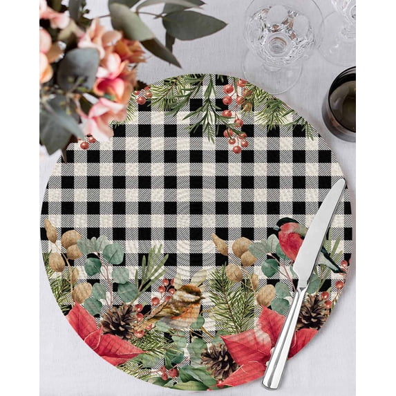 13 Inch Round Placemats Set of 4, Christmas Non Slip Heat Insulation PP Table Mats, Winter Poinsettia Berry Black White Plaid Washable Place Mats for Kitchen Dining Party Table Decor