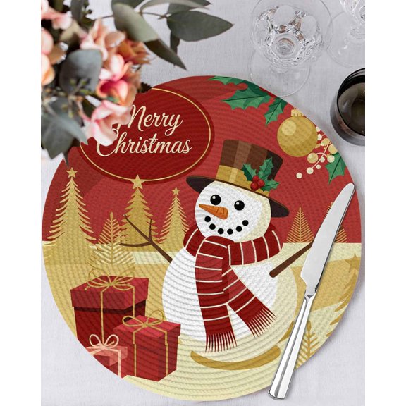 13 Inch Round Placemats Set of 4, Christmas Non Slip Heat Insulation PP Table Mats, Winter Snowman Gold Pine Tree Berry Xmas Ball Washable Place Mats for Kitchen Dining Party Table Decor