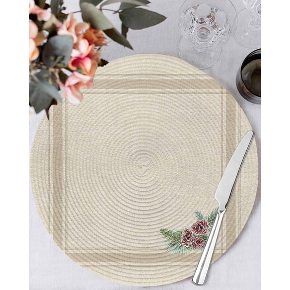 13 Inch Round Placemats Set of 4, Christmas Non Slip Heat Insulation PP Table Mats, Winter Xmas Farmhouse Pine Cone Branches Washable Place Mats for Kitchen Dining Party Table Decor