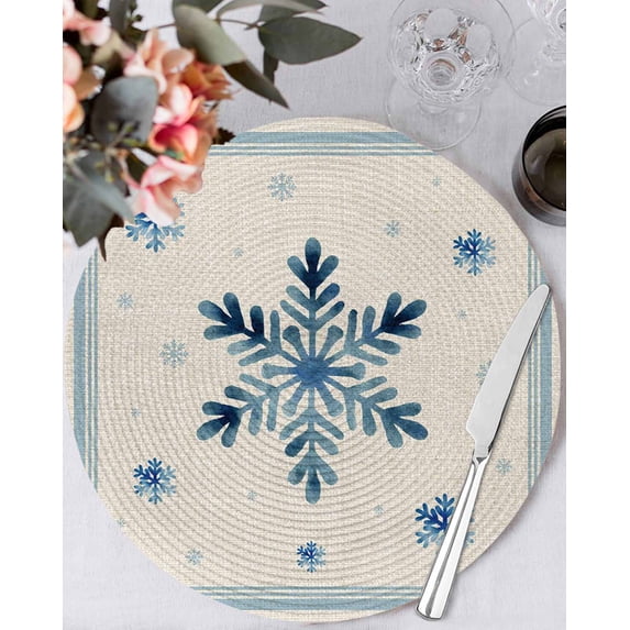 13 Inch Round Placemats Set of 4, Christmas Snowflake Blue Non Slip Heat Insulation PP Table Mats, Winter Stripe Xmas Texture on Linen Washable Place Mats for Kitchen Dining Party Table Decor
