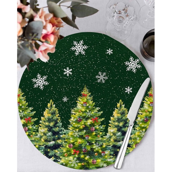 13 Inch Round Placemats Set of 4, Christmas Snowflakes Non Slip Heat Insulation PP Table Mats, Xmas Winter Pine Trees Green Washable Place Mats for Kitchen Dining Party Table Decor