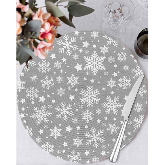 13 Inch Round Placemats Set of 4, Christmas Snowflakes Non Slip Heat Insulation PP Table Mats, Xmas Winter Watercolor Grey White Washable Place Mats for Kitchen Dining Party Table Decor