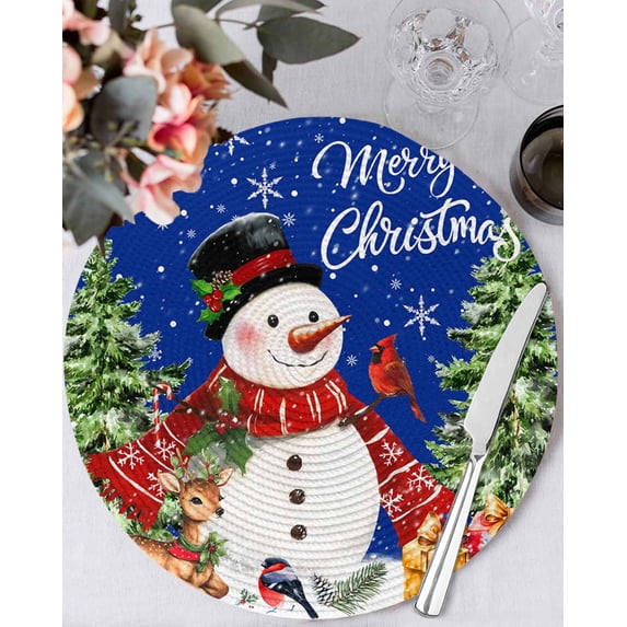 13 Inch Round Placemats Set of 4, Christmas Snowman Non Slip Heat Insulation PP Table Mats, Blue Xmas Tree Elk Gifts Snowflake Washable Place Mats for Kitchen Dining Party Table Decor