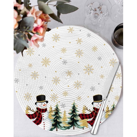 13 Inch Round Placemats Set of 4, Christmas Snowman Non Slip Heat Insulation PP Table Mats, Golden Winter Snowflake Xmas Tree Washable Place Mats for Kitchen Dining Party Table Decor