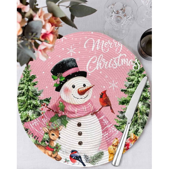 13 Inch Round Placemats Set of 4, Christmas Snowman Non Slip Heat Insulation PP Table Mats, Pink Xmas Tree Elk Gifts Snowflake Washable Place Mats for Kitchen Dining Party Table Decor