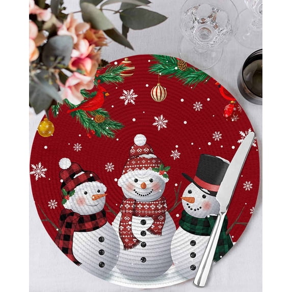 13 Inch Round Placemats Set of 4, Christmas Snowman Non Slip Heat Insulation PP Table Mats, Red Xmas Pine Branch Snowflake Red Birds Washable Place Mats for Kitchen Dining Party Table Decor