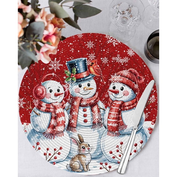 13 Inch Round Placemats Set of 4, Christmas Snowman Non Slip Heat Insulation PP Table Mats, Winter Xmas Snowflakes Cardinal Red Washable Place Mats for Kitchen Dining Party Table Decor