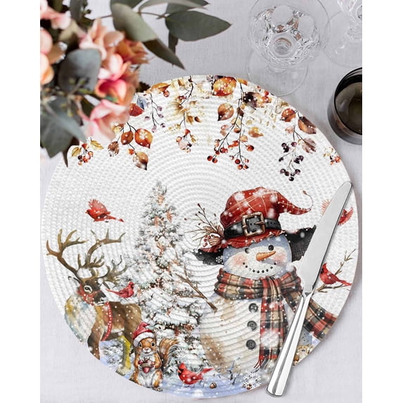 13 Inch Round Placemats Set of 4, Christmas Snowman Non Slip Heat Insulation PP Table Mats, Xmas Snowflake Elk Eucalyptus Leaves Washable Place Mats for Kitchen Dining Party Table Decor