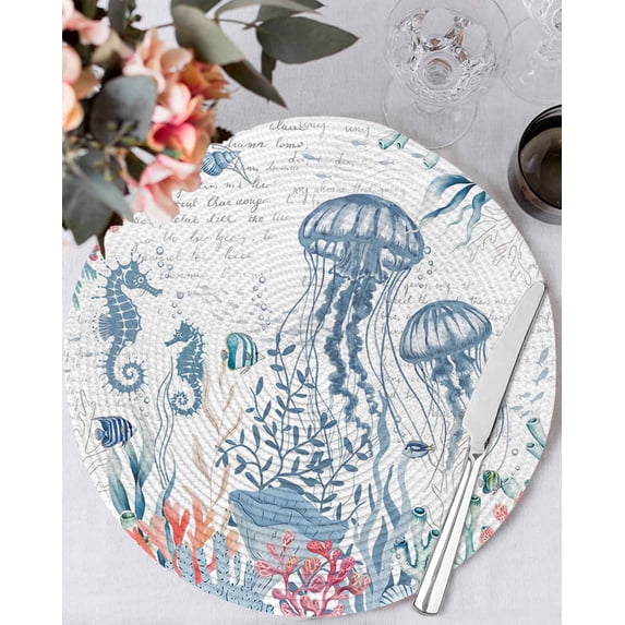 13 Inch Round Placemats Set of 4, Coastal Jellyfish Non Slip Heat Insulation PP Table Mats, Summer Beach Nautical Ocean Coral Seahorse Washable Place Mats for Kitchen Dining Party Table Decor