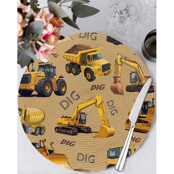 13 Inch Round Placemats Set of 4, Construction Truck Non Slip Heat Insulation PP Table Mats, Cartoon Grips and Bulldozers Turmeric Washable Place Mats for Kitchen Dining Party Table Decor