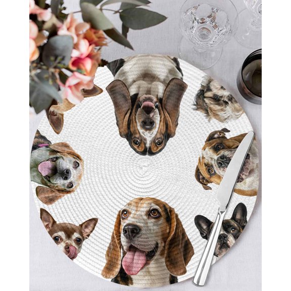13 Inch Round Placemats Set of 4, Cute Dogs Non Slip Heat Insulation PP Table Mats, Animals Gypsies Bulldog Cattledogs Modern Art Washable Place Mats for Kitchen Dining Party Table Decor