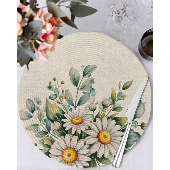 13 Inch Round Placemats Set of 4, Daisy Flower Non Slip Heat Insulation PP Table Mats, Vintage Farmhouse Rustic Floral Plant Washable Place Mats for Kitchen Dining Party Table Decor