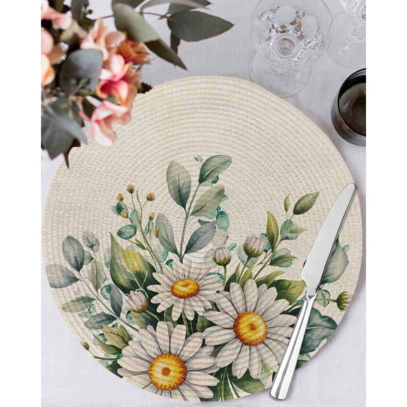13 Inch Round Placemats Set of 4, Daisy Flower Non Slip Heat Insulation PP Table Mats, Vintage Farmhouse Rustic Floral Plant Washable Place Mats for Kitchen Dining Party Table Decor