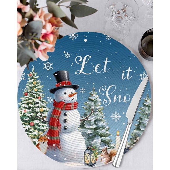13 Inch Round Placemats Set of 4, Dark Blue Snowman Christmas Non Slip Heat Insulation PP Table Mats, Xmas Tree Snowflake Gifts Washable Place Mats for Kitchen Dining Party Table Decor