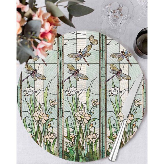 13 Inch Round Placemats Set of 4, Dark Green Grass Non Slip Heat Insulation PP Table Mats, Flower Dragonfly Retro Pastoral Rustic Washable Place Mats for Kitchen Dining Party Table Decor