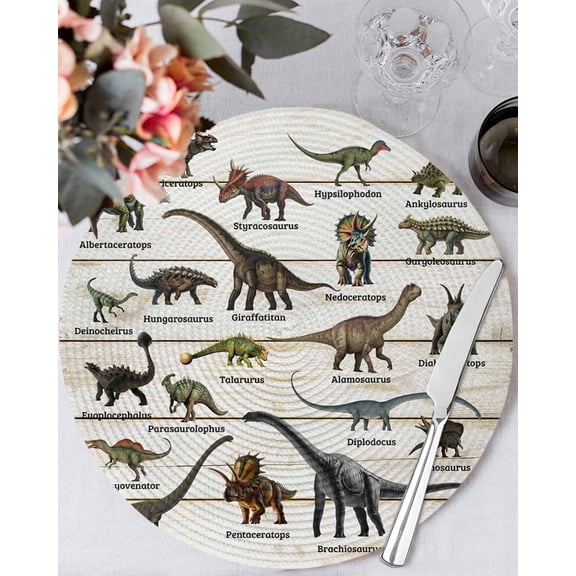 13 Inch Round Placemats Set of 4, Dinosaurs Non Slip Heat Insulation PP Table Mats, Natural Primitive Wild Animals Wood Grain Washable Place Mats for Kitchen Dining Party Table Decor
