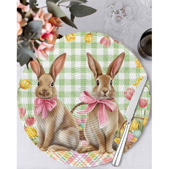 13 Inch Round Placemats Set of 4, Easter Bunny Eggs Non Slip Heat Insulation PP Table Mats, Spring Tulips Country Rabbits Green Checkered Washable Place Mats for Kitchen Dining Party Table Decor