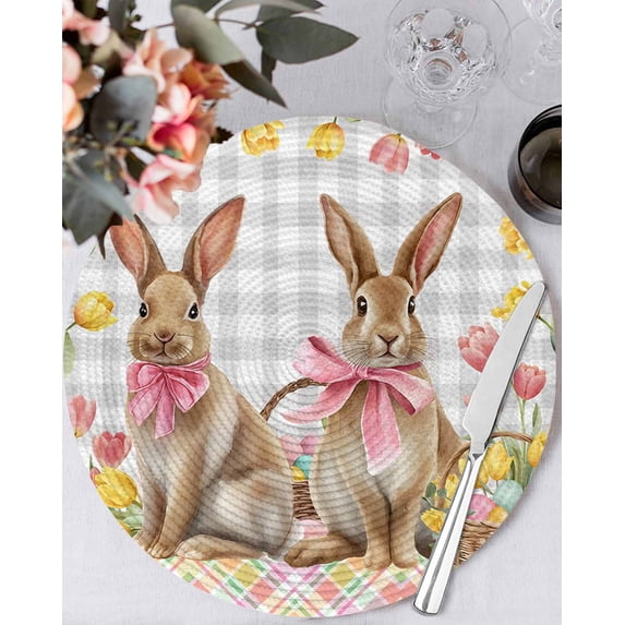 13 Inch Round Placemats Set of 4, Easter Bunny Eggs Non Slip Heat Insulation PP Table Mats, Spring Tulips Rustic Rabbits Grey Plaid Washable Place Mats for Kitchen Dining Party Table Decor