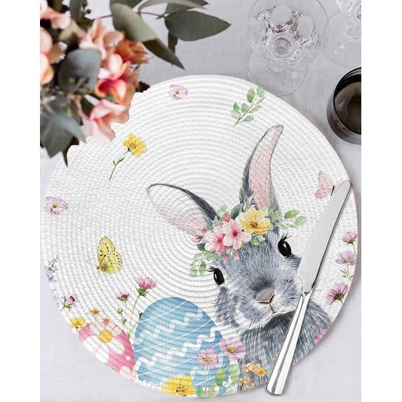 13 Inch Round Placemats Set of 4, Easter Bunny Non Slip Heat Insulation PP Table Mats, Blue Easter Eggs Spring Floral Butterflies Washable Place Mats for Kitchen Dining Party Table Decor