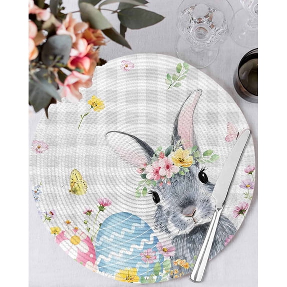 13 Inch Round Placemats Set of 4, Easter Bunny Non Slip Heat Insulation PP Table Mats, Blue Easter Eggs Spring Floral Grey Plaid Washable Place Mats for Kitchen Dining Party Table Decor