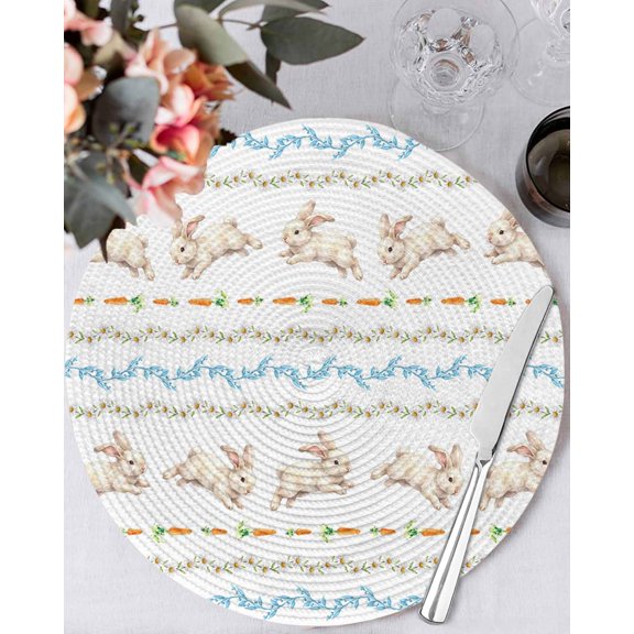 13 Inch Round Placemats Set of 4, Easter Bunny Non Slip Heat Insulation PP Table Mats, Blue Floral Daisy Spring Decor Washable Place Mats for Kitchen Dining Party Table Decor