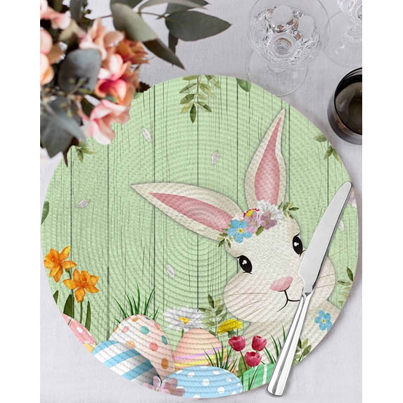 13 Inch Round Placemats Set of 4, Easter Bunny Non Slip Heat Insulation PP Table Mats, Farmhouse Colorful Eggs Tulip Wood Grain Green Washable Place Mats for Kitchen Dining Party Table Decor