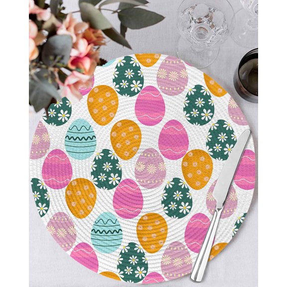13 Inch Round Placemats Set of 4, Easter Eggs Non Slip Heat Insulation PP Table Mats, Colorful Egg Spring Daisy White Flowers Washable Place Mats for Kitchen Dining Party Table Decor
