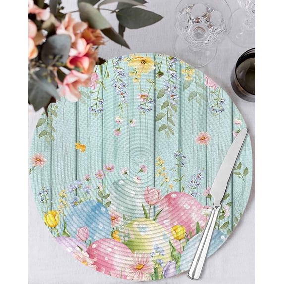 13 Inch Round Placemats Set of 4, Easter Eggs Non Slip Heat Insulation PP Table Mats, Spring Daisy Eucalyptus Leaves Teal Wooden Washable Place Mats for Kitchen Dining Party Table Decor