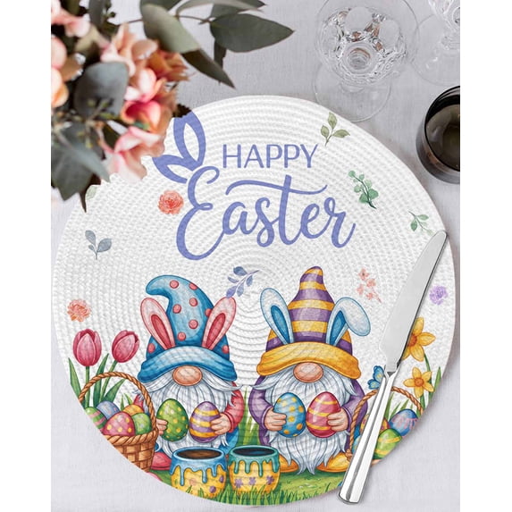 13 Inch Round Placemats Set of 4, Easter Gnomes Bunnies Non Slip Heat Insulation PP Table Mats, Spring Easter Eggs Floral Leaves Washable Place Mats for Kitchen Dining Party Table Decor