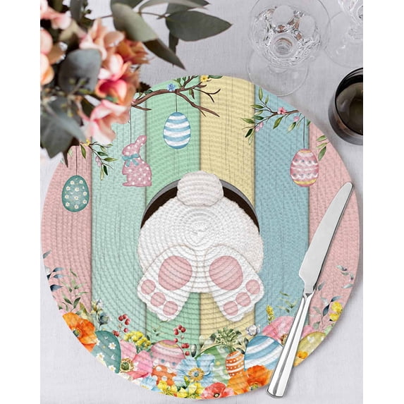 13 Inch Round Placemats Set of 4, Easter Non Slip Heat Insulation PP Table Mats, Spring Colorful Bunny Eggs Flower Wood Grain Washable Place Mats for Kitchen Dining Party Table Decor