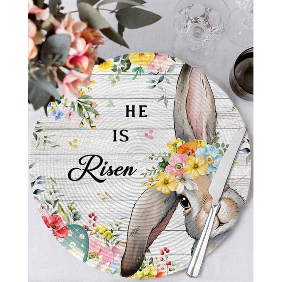 13 Inch Round Placemats Set of 4, Easter Non Slip Heat Insulation PP Table Mats, Spring Farmhouse Vintage Bunny Flower Wood Grain Washable Place Mats for Kitchen Dining Party Table Decor
