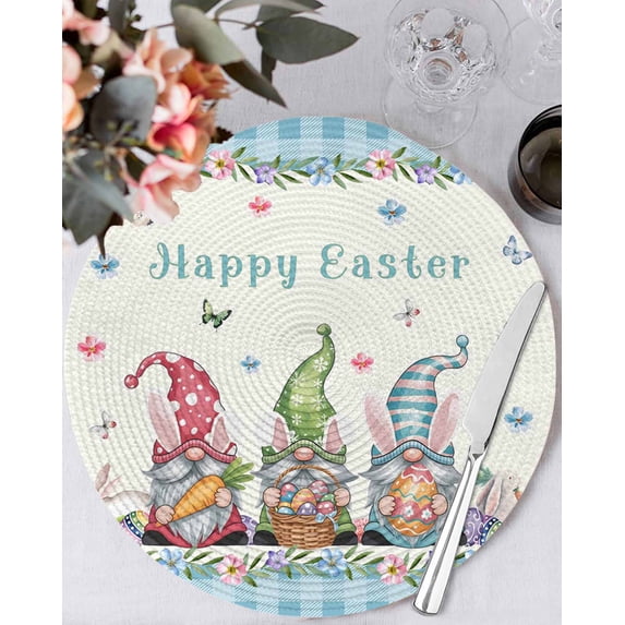 13 Inch Round Placemats Set of 4, Easter Non Slip Heat Insulation PP Table Mats, Spring Rabbit Ear Gnomes Eggs Floral Lattice Washable Place Mats for Kitchen Dining Party Table Decor