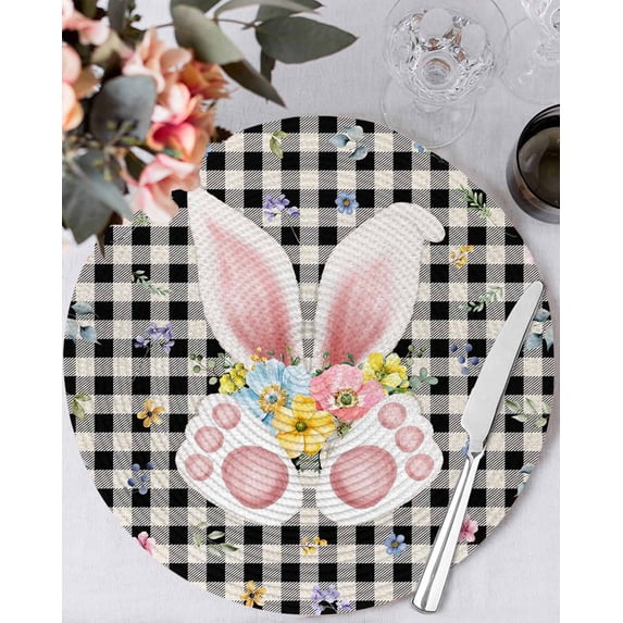 13 Inch Round Placemats Set of 4, Easter Non Slip Heat Insulation PP Table Mats, Spring Rabbits Ears Feet Wildflowers Black Plaid Washable Place Mats for Kitchen Dining Party Table Decor