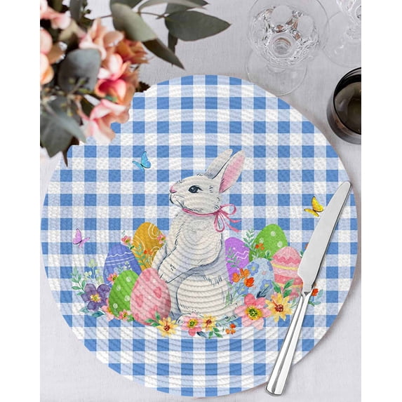 13 Inch Round Placemats Set of 4, Easter Non Slip Heat Insulation PP Table Mats, Spring Watercolor Bunny Eggs Butterflies Blue Plaid Washable Place Mats for Kitchen Dining Party Table Decor