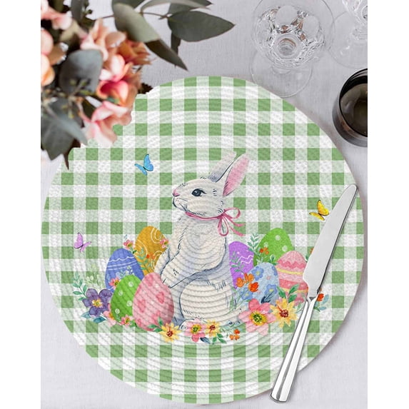 13 Inch Round Placemats Set of 4, Easter Non Slip Heat Insulation PP Table Mats, Spring Watercolor Bunny Eggs Butterflies Green Plaid Washable Place Mats for Kitchen Dining Party Table Decor