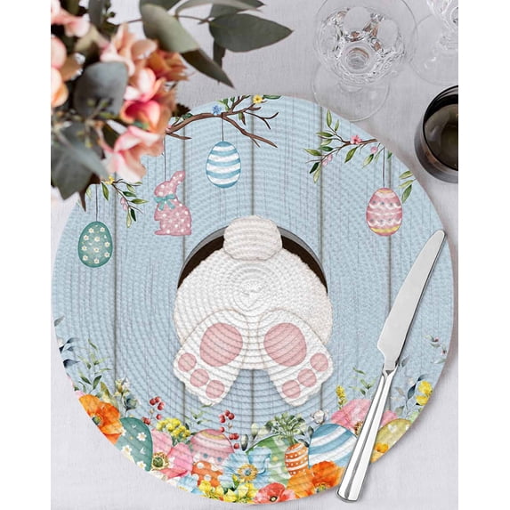 13 Inch Round Placemats Set of 4, Easter Non Slip Heat Insulation PP Table Mats, Spring Watercolor Bunny Eggs Flower Wood Grain Blue Washable Place Mats for Kitchen Dining Party Table Decor