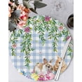 thumbnail image 1 of 13 Inch Round Placemats Set of 4, Easter Rabbits Non Slip Heat Insulation PP Table Mats, Spring Cute Bunny Eggs Flowers Leaf Blue Plaid Washable Place Mats for Kitchen Dining Party Table Decor, 1 of 7