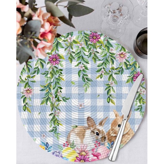 13 Inch Round Placemats Set of 4, Easter Rabbits Non Slip Heat Insulation PP Table Mats, Spring Cute Bunny Eggs Flowers Leaf Blue Plaid Washable Place Mats for Kitchen Dining Party Table Decor