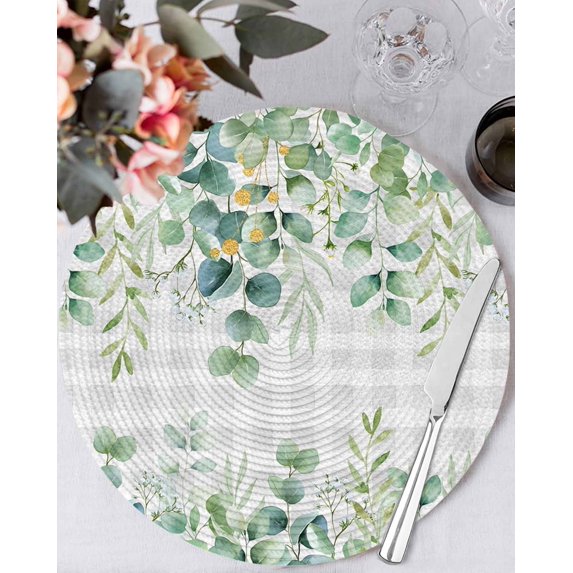 13 Inch Round Placemats Set of 4, Eucalyptus Leaves Non Slip Heat Insulation PP Table Mats, Summer Botanical Washable Place Mats for Kitchen Dining Party Table Decor