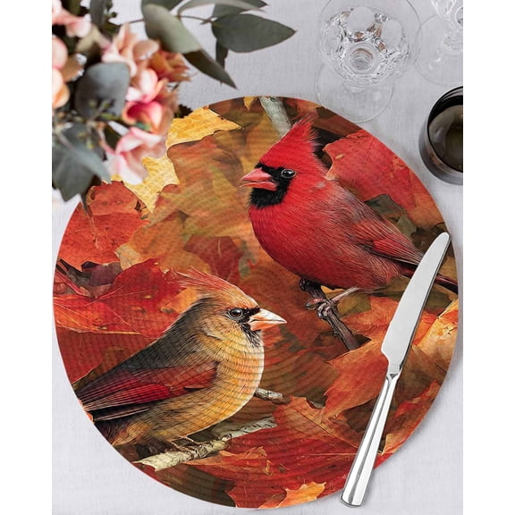 13 Inch Round Placemats Set of 4, Fall Cardinal Non Slip Heat Insulation PP Table Mats, Thanksgiving Autumn Maple Leaf Birds Washable Place Mats for Kitchen Dining Party Table Decor