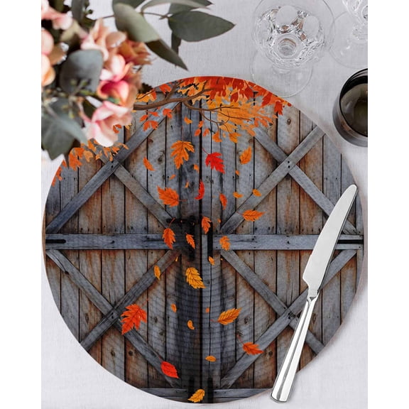 13 Inch Round Placemats Set of 4, Fall Leaves Non Slip Heat Insulation PP Table Mats, Autumn Maple Rustic Wooden Barn Door Washable Place Mats for Kitchen Dining Party Table Decor