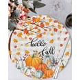 thumbnail image 1 of 13 Inch Round Placemats Set of 4, Fall Maple Leaf Non Slip Heat Insulation PP Table Mats, Thanksgiving Orange White Pumpkin Plaid Washable Place Mats for Kitchen Dining Party Table Decor, 1 of 7