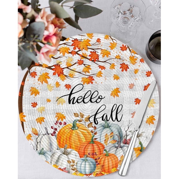 13 Inch Round Placemats Set of 4, Fall Maple Leaf Non Slip Heat Insulation PP Table Mats, Thanksgiving Orange White Pumpkin Plaid Washable Place Mats for Kitchen Dining Party Table Decor