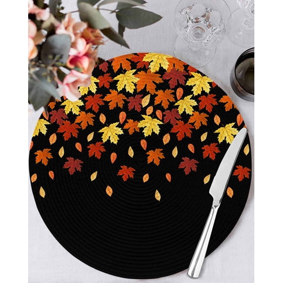 13 Inch Round Placemats Set of 4, Fall Maple Leaf Non Slip Heat Insulation PP Table Mats, Thanksgiving Yellow Orange Plant Black Washable Place Mats for Kitchen Dining Party Table Decor