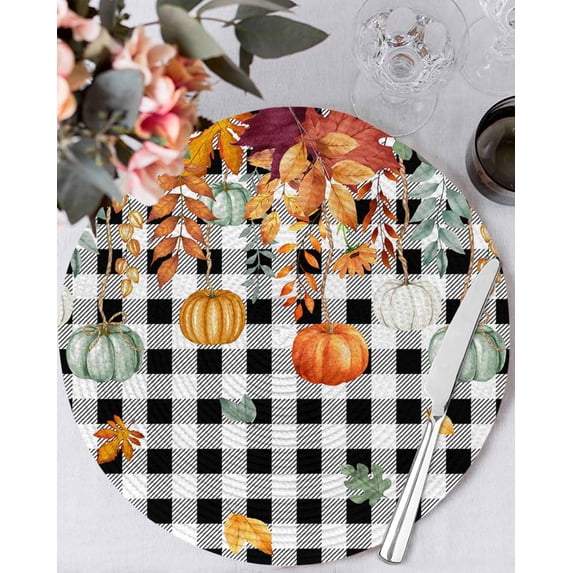 13 Inch Round Placemats Set of 4, Fall Orange Green Pumpkins Non Slip Heat Insulation PP Table Mats, Thanksgiving Weeping Maple Leaf Washable Place Mats for Kitchen Dining Party Table Decor