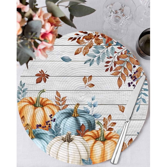 13 Inch Round Placemats Set of 4, Fall Pumpkins Orange Blue Non Slip Heat Insulation PP Table Mats, Thanksgiving Botanical Vintage Washable Place Mats for Kitchen Dining Party Table Decor